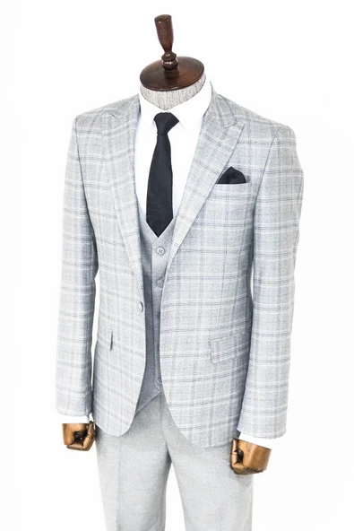 Açık Gri Ekose Ceketli Slim Fit Takım Elbise - Wessi - Resim 9