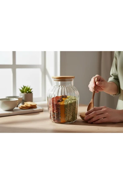 Gül Çelik Bambu Kapaklı Cam Çizgili Erzak Kavanozu 1.800 ML ürün görseli 1