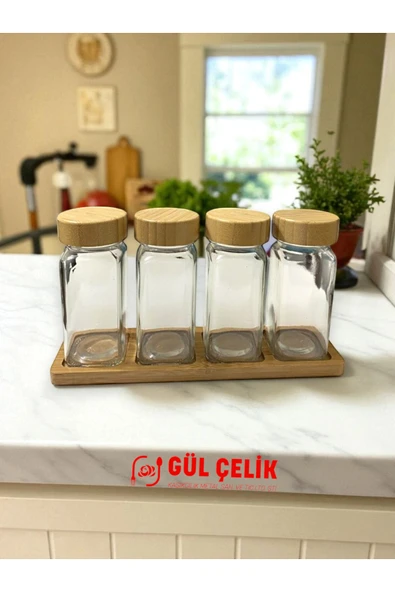 Gül Çelik 4 lü Bambu Kapaklı Standlı Baharatlık Seti - Resim 3