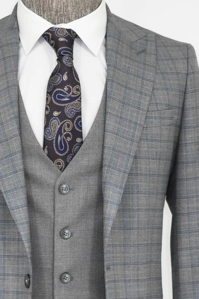 Ekose Ceketli Slim Fit Gri Erkek Takım Elbise - Wessi - Resim 2