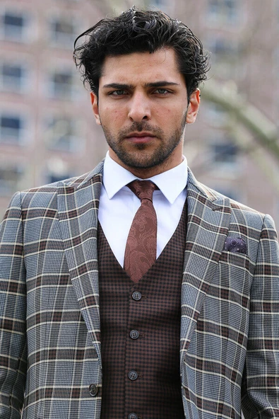 Ekose Yelekli Füme Erkek Takım Elbise - Wessi - Resim 4