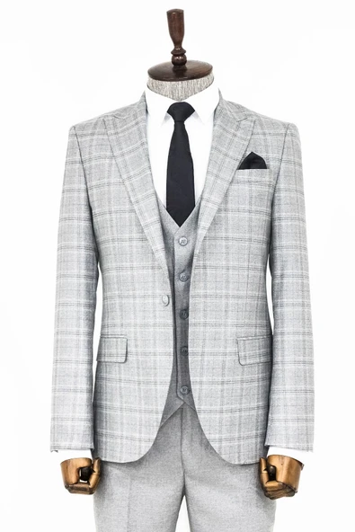 Açık Gri Ekose Ceketli Slim Fit Takım Elbise - Wessi ürün görseli 1