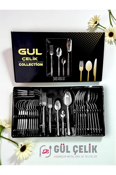 Gül Çelik 30 Parça 6 Kişilik Çatal Kaşık Seti Taş Model Kutulu 18/0 Kalite ürün görseli 1