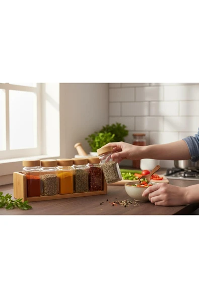 Gül Çelik 12'li Bambu Kapaklı Baharat Kavanozu Serpme Başlıklı Çeyizlik Baharatlık Etiketli - Resim 3
