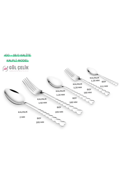 Gül Çelik Çatal Kaşık Seti 30 Parça 6 Kişilik Kalpli Model 18/0 Kalite - Resim 2