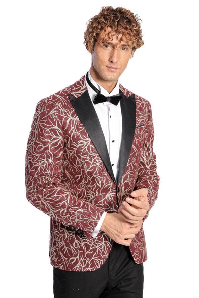 Işıltılı Sarmaşık Desenli Slim Fit Bordo Erkek Smokin Ceket - Wessi - Resim 5