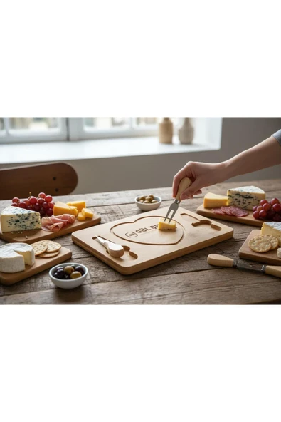 Gül Çelik Bambu Bıçaklı Peynir Sunum Seti Kalp Figürlü Romantik Sunumluk Peynir Servis Seti 28 x 19 Cm Ölçülü - Resim 7