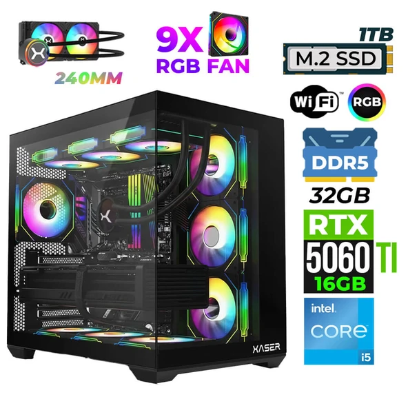 Xaser Pearl X30 i5 14600K 32GB DDR5 Ram 1TB M.2 NVMe SSD 16GB RTX5060Ti Oyuncu Render Tavsiye Sistem ürün görseli 1