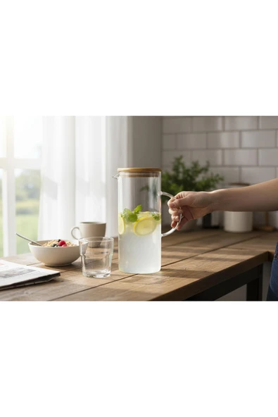 Gül Çelik 1200 Ml Isıya Dayanıklı Bambu Kapaklı Sürahi ürün görseli 1