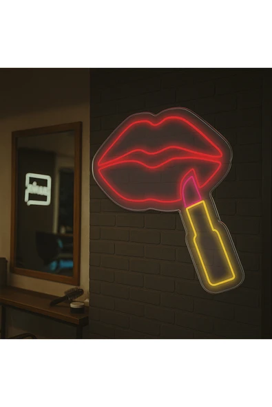 Magnetfoto Ruj ve Dudak Figürlü Neon LED Tabela - Kuaför & Makyaj Stüdyosu Dekoru - 60x70 - Resim 4