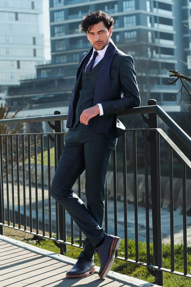 Ekose Ceketli Slim Fit Yeşil Erkek Takım Elbise - Wessi - Resim 4