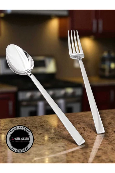 Gül Çelik 24 Parça 12 Kişilik Yemek Kaşığı 12 Kişilik Yemek Çatalı Seti Sade Çubuk Model 18/0 Kalite ürün görseli 1