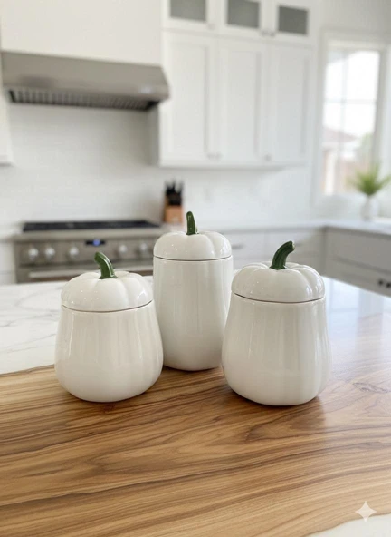 3'LÜ KAPAKLI BAL KABAK KAVANOZ SETİ BEYAZ PUMPKIN SERİSİ SERAMİK 500, 750 ve 1000 ML - Resim 3