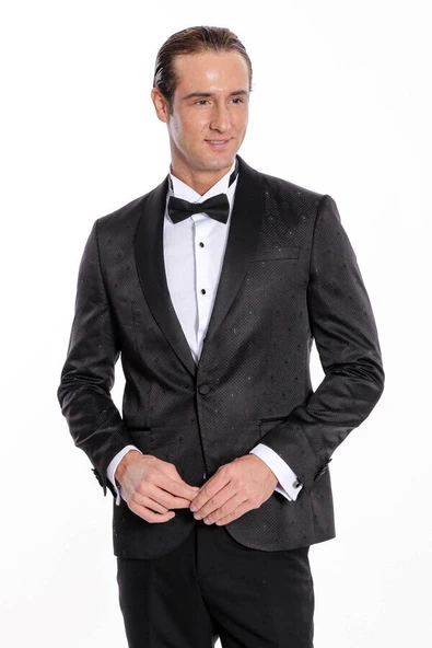 Nokta Desenli Slim Fit Siyah Erkek Smokin Ceket - Wessi - Resim 6