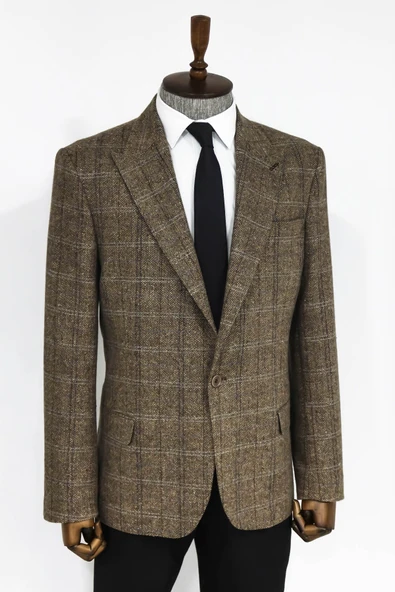 Balıksırtı Desen Slim Fit Yün Kahverengi Erkek Ceket - Wessi - Resim 5