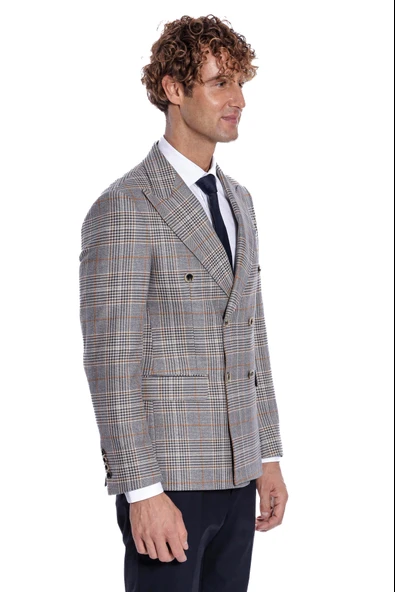 Ekose Desenli Kruvaze Füme Erkek Ceket - Wessi - Resim 6