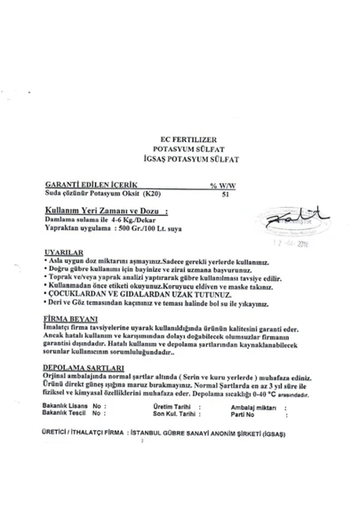 Potasyum Sülfat %51 Toz Suda Çözünür Damla Sulama Yaprak Gübresi 25 kg - Resim 3