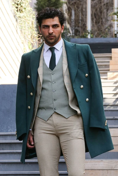 Bej Ekoseli Desenli Yelekli Erkek Takım Elbise - Wessi - Resim 7