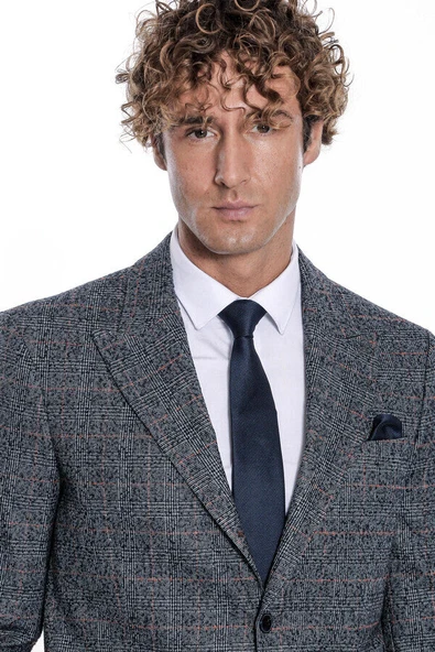 Ekose Desen Slim Fit Lacivert Erkek Ceket - Wessi - Resim 2