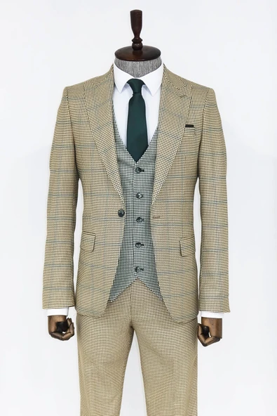 Bej Ekoseli Desenli Yelekli Erkek Takım Elbise - Wessi - Resim 8