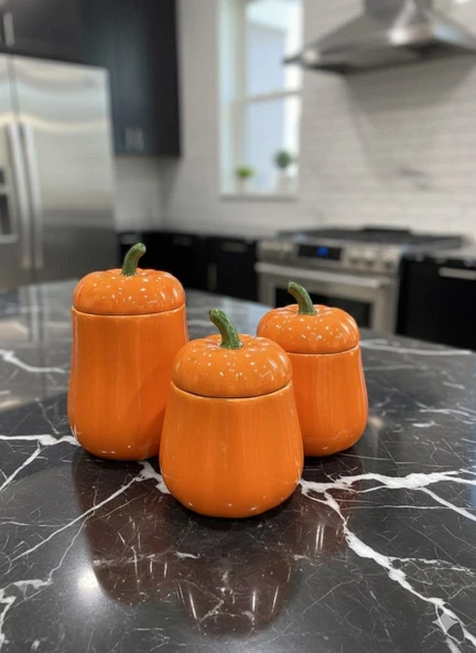 3'LÜ KAPAKLI BAL KABAK KAVANOZ SETİ ORANGE PUMPKIN SERİSİ SERAMİK 500, 750 ve 1000 ML - Resim 2