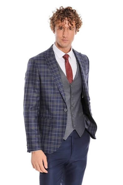 Mavi Yelekli Slim Fit Ekose Lacivert Erkek Takım Elbise - Wessi - Resim 7