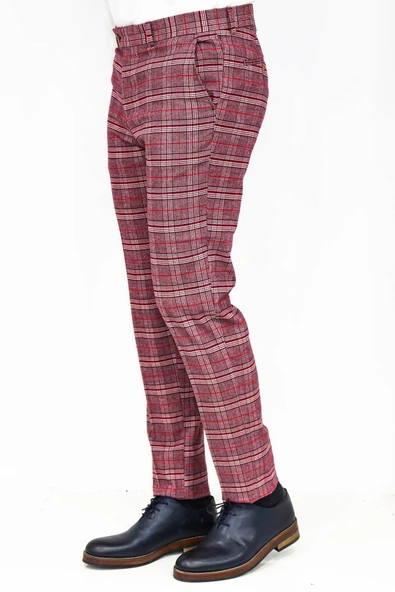 Ekose Desenli Slim Fit Bordo Erkek Pantolon - Wessi - Resim 4
