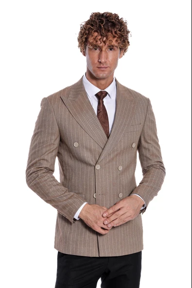 Çizgili Kruvaze Açık Kahverengi Erkek Ceket - Wessi - Resim 10