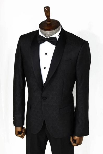 Beşgen Desenli Şal Yaka Siyah Erkek Smokin Ceket - Wessi - Resim 6