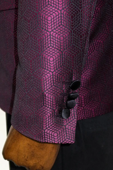 Beşgen Desenli Şal Yaka Bordo Erkek Smokin Ceket - Wessi - Resim 10