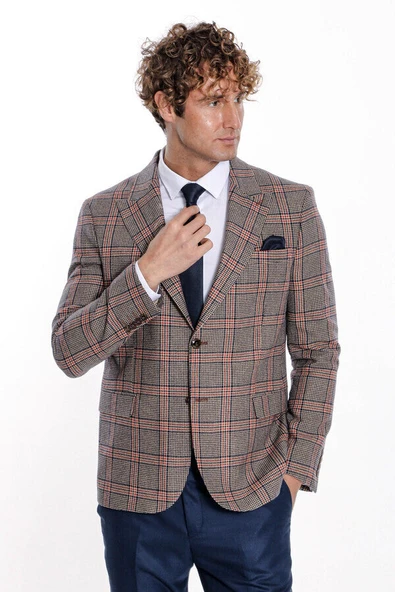 Ekose Desenli Lacivert Erkek Ceket - Wessi - Resim 8