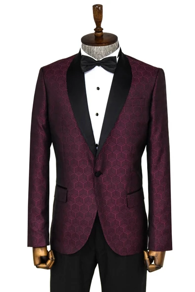Beşgen Desenli Şal Yaka Bordo Erkek Smokin Ceket - Wessi ürün görseli 1