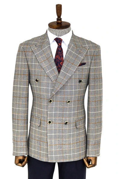 Ekose Desenli Kruvaze Füme Erkek Ceket - Wessi ürün görseli 1