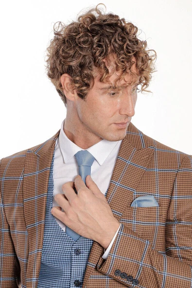 Kahverengi Ekoseli Desenli Yelekli Takım Elbise - Wessi - Resim 2