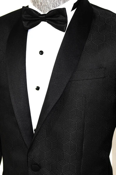 Beşgen Desenli Şal Yaka Siyah Erkek Smokin Ceket - Wessi - Resim 7