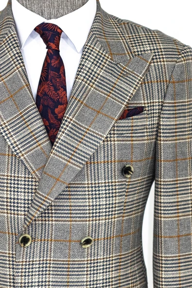 Ekose Desenli Kruvaze Füme Erkek Ceket - Wessi - Resim 2