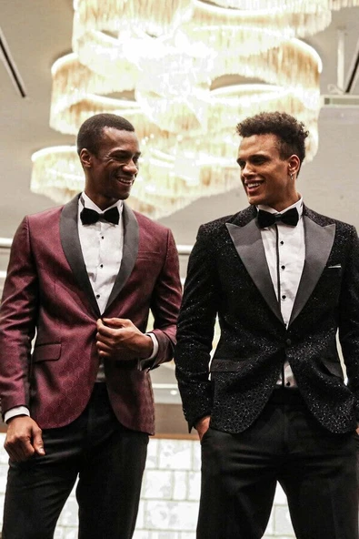 Beşgen Desenli Şal Yaka Bordo Erkek Smokin Ceket - Wessi - Resim 4