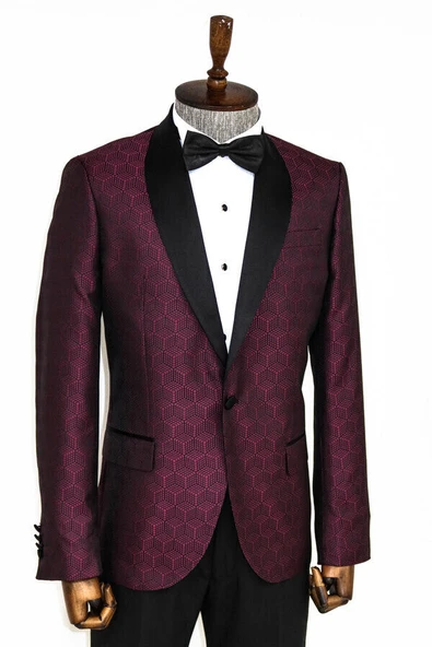 Beşgen Desenli Şal Yaka Bordo Erkek Smokin Ceket - Wessi - Resim 5