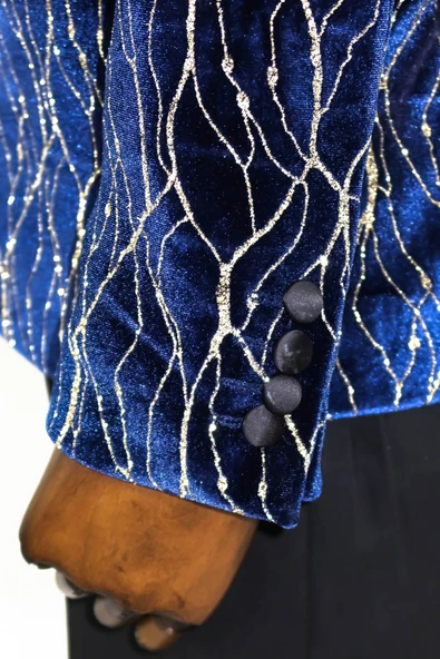 Altın Desenli Lacivert Erkek Smokin Ceket - Wessi - Resim 7