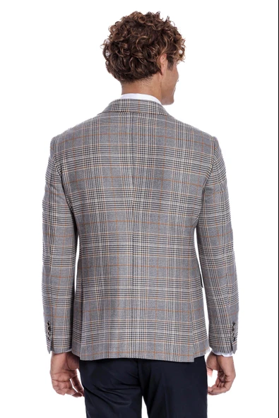 Ekose Desenli Kruvaze Füme Erkek Ceket - Wessi - Resim 7