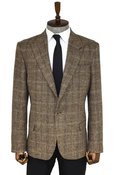 Balıksırtı Desen Slim Fit Yün Kahverengi Erkek Ceket - Wessi ürün görseli 1