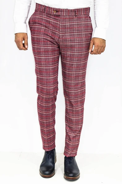 Ekose Desenli Slim Fit Bordo Erkek Pantolon - Wessi - Resim 3