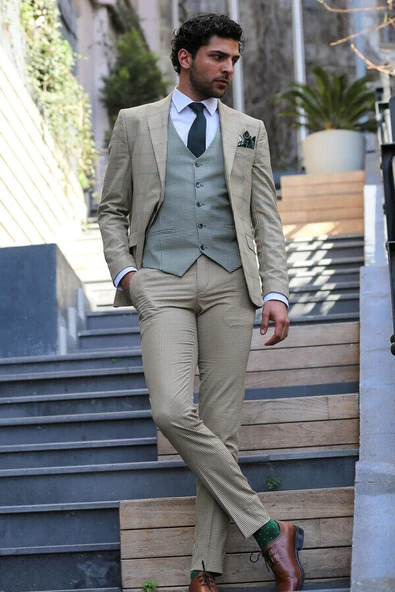 Bej Ekoseli Desenli Yelekli Erkek Takım Elbise - Wessi - Resim 5