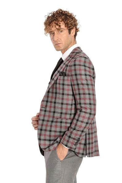 Ekose Ceketli Slim Fit Gri Erkek Takım Elbise - Wessi - Resim 7