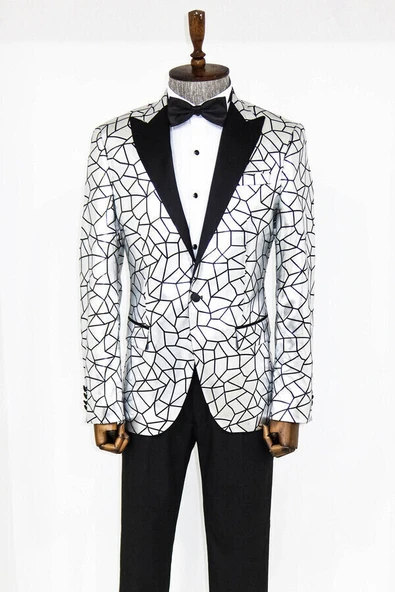 Siyah Parçalı Desenli Gri Erkek Smokin Ceket - Wessi - Resim 5