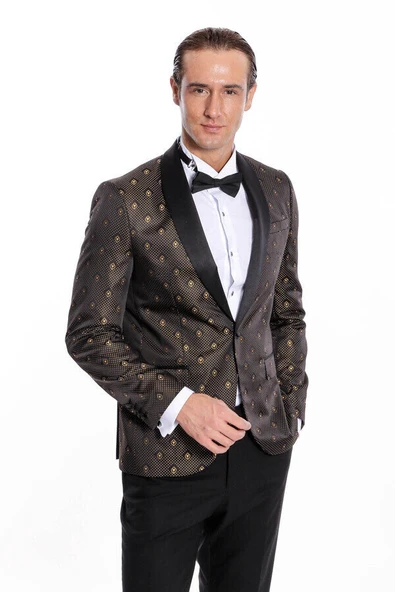 Gold Nokta Desenli Şal Yaka Siyah Erkek Smokin Ceket - Wessi - Resim 4