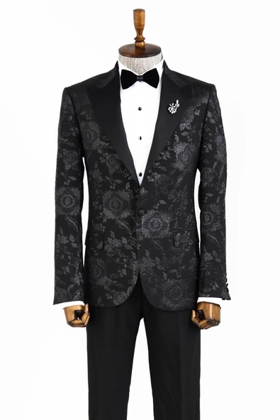 Çiçek Desenli Sivri Yaka Siyah Erkek Smokin Ceket - Wessi - Resim 4