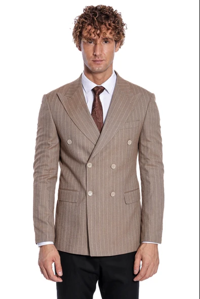 Çizgili Kruvaze Açık Kahverengi Erkek Ceket - Wessi - Resim 6