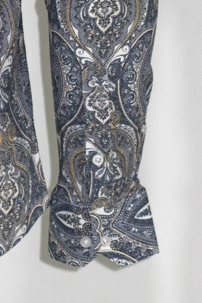 Damask Desenli Mavi Slim Fit Gömlek - Wessi - Resim 3