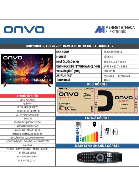 Onvo 70OVF9001UQ 70" 178 Ekran Uydu Alıcılı 4K Ultra HD Google Smart QLED TV - Resim 2